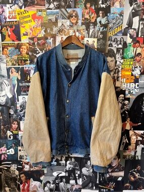 Denim Bomber Jacket with Cream Leather Sleeves - Unbranded
